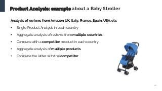 11
Product Analysis: example about a Baby Stroller
Analysis of reviews from Amazon UK, Italy, France, Spain, USA, etc
• Si...
