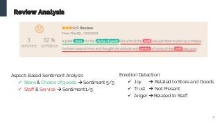 6
Review Analysis
Aspect-Based Sentiment Analysis
 Store & Choice of goods  Sentiment 5/5
 Staff & Service  Sentiment ...