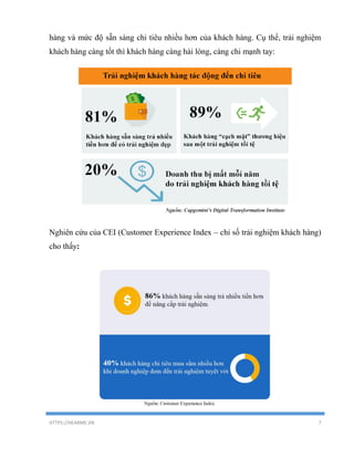 HTTPS://HEARME.VN 7
hàng và mức độ sẵn sàng chi tiêu nhiều hơn của khách hàng. Cụ thể, trải nghiệm
khách hàng càng tốt thì khách hàng càng hài lòng, càng chi mạnh tay:
Nghiên cứu của CEI (Customer Experience Index – chỉ số trải nghiệm khách hàng)
cho thấy:
 
