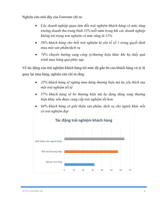 HTTPS://HEARME.VN 8
Nghiên cứu mới đây của Forrester chỉ ra:
 Các doanh nghiệp quan tâm đến trải nghiệm khách hàng có mức tăng
trưởng doanh thu trung bình 15% mỗi năm trong khi các doanh nghiệp
không trú trọng trải nghiệm có mức tăng là 11%
 56% khách hàng cho biết trải nghiệm là yếu tố số 1 trong quyết định
mua một sản phẩm/dịch vụ
 74% chuyển hướng sang công ty/thương hiệu khác khi họ thấy quá
trình mua hàng quá phức tạp.
Về tác động của trải nghiệm khách hàng tới mức độ gắn bó của khách hàng và tỷ lệ
quay lại mua hàng, nghiên cứu chỉ ra rằng:
 32% khách hàng sẽ ngừng mua hàng thương hiệu mà họ yêu thích sau
một trải nghiệm tồi tệ
 57% khách hàng sẽ bỏ thương hiệu mà họ đang dùng sang thương
hiệu khác nếu được cung cấp trải nghiệm tốt hơn
 64% khách hàng sẽ giới thiệu sản phẩm, dịch vụ cho người khác nếu
có trải nghiệm đẹp
0 10 20 30 40 50 60 70
Ngừng mua hàng
Rời bỏ thương hiệu
Giới thiệu cho người khác
Tác động trải nghiệm khách hàng
 
