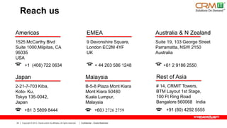Reach us
Americas

EMEA

Australia & N Zealand

1525 McCarthy Blvd
Suite 1000,Milpitas, CA
95035
USA

9 Devonshire Square,
London EC2M 4YF
UK

Suite 19, 103 George Street
Parramatta, NSW 2150
Australia

+1 (408) 722 0634

+ 44 203 586 1248

+61 2 9186 2550

Japan

Malaysia

Rest of Asia

2-21-7-703 Kiba,
Koto- Ku,
Tokyo 135-0042,
Japan

B-5-8 Plaza Mont Kiara
Mont Kiara 50480
Kuala Lumpur,
Malaysia

# 14, CRMIT Towers,
BTM Layout 1st Stage,
100 Ft Ring Road
Bangalore 560068 India

+81 3 5809 8444

+603 2726 2759

+91 (80) 4292 5555
www.crmit.com

24

Copyright © 2013, Oracle and/or its affiliates. All rights reserved.

Confidential – Oracle Restricted

 