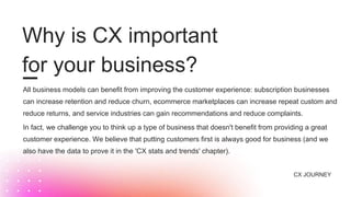 Why is CX important
for your business?
CX JOURNEY
All business models can benefit from improving the customer experience: subscription businesses
can increase retention and reduce churn, ecommerce marketplaces can increase repeat custom and
reduce returns, and service industries can gain recommendations and reduce complaints.
In fact, we challenge you to think up a type of business that doesn't benefit from providing a great
customer experience. We believe that putting customers first is always good for business (and we
also have the data to prove it in the 'CX stats and trends' chapter).
 