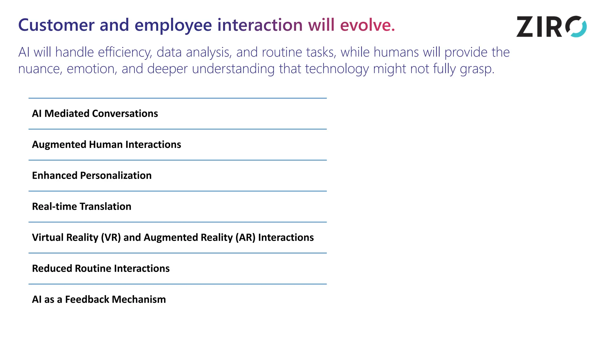 Customer and employee interaction will evolve.
AI will handle efficiency, data analysis, and routine tasks, while humans will provide the
nuance, emotion, and deeper understanding that technology might not fully grasp.
AI Mediated Conversations
Augmented Human Interactions
Enhanced Personalization
Real-time Translation
Virtual Reality (VR) and Augmented Reality (AR) Interactions
Reduced Routine Interactions
AI as a Feedback Mechanism
 