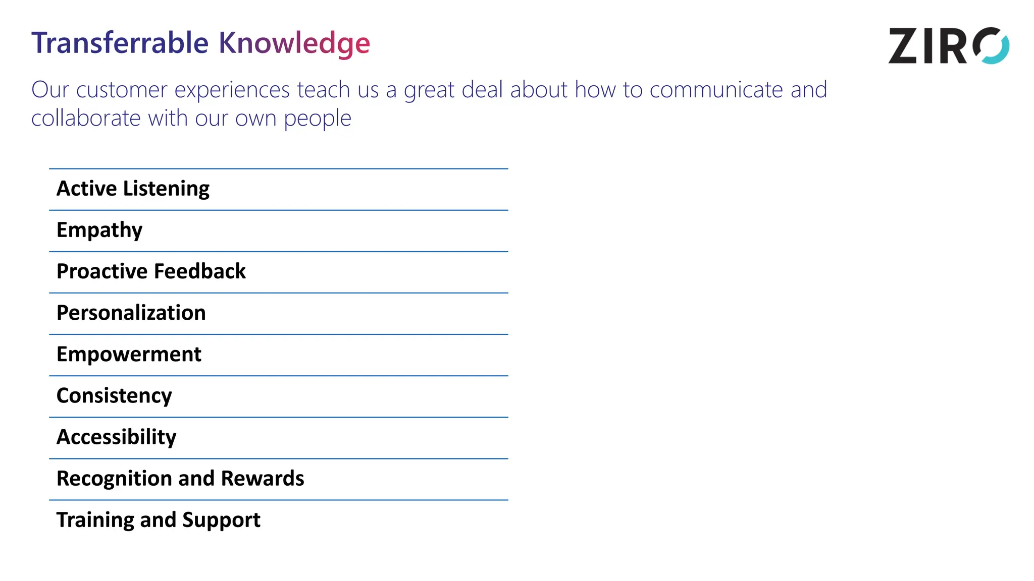 Transferrable Knowledge
Our customer experiences teach us a great deal about how to communicate and
collaborate with our own people
Active Listening
Empathy
Proactive Feedback
Personalization
Empowerment
Consistency
Accessibility
Recognition and Rewards
Training and Support
 