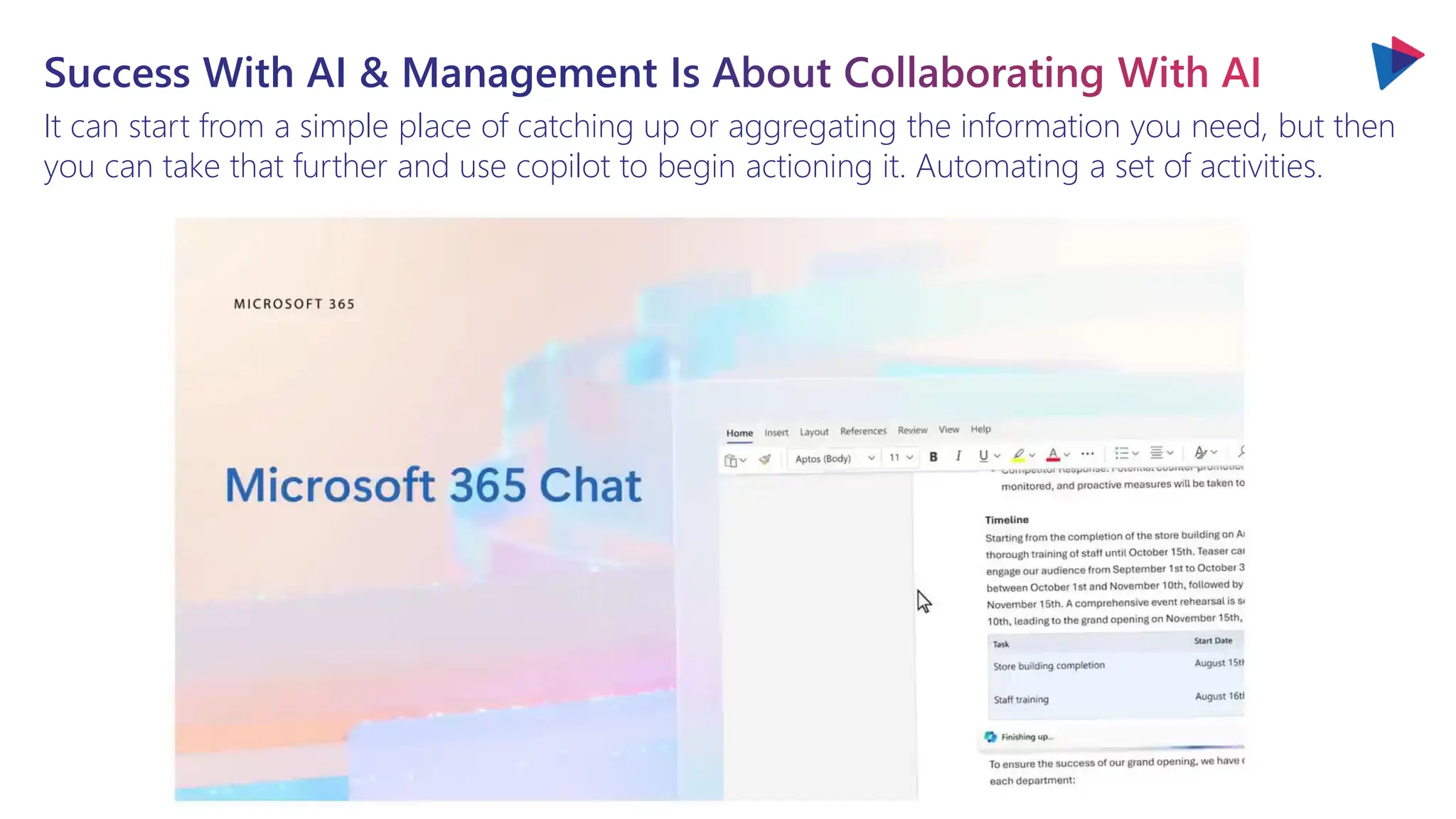 Success With AI & Management Is About Collaborating With AI
It can start from a simple place of catching up or aggregating the information you need, but then
you can take that further and use copilot to begin actioning it. Automating a set of activities.
 