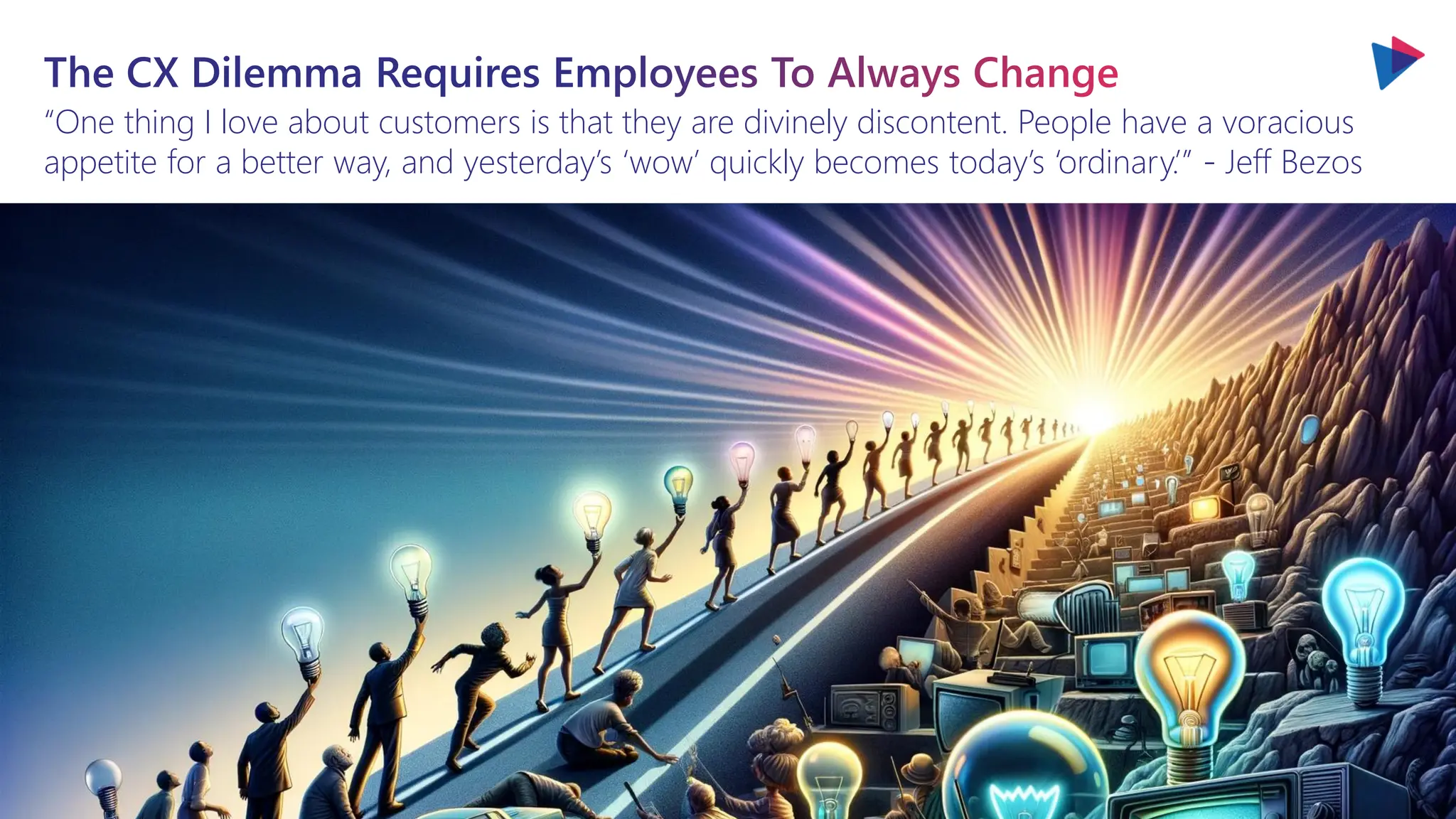 The CX Dilemma Requires Employees To Always Change
“One thing I love about customers is that they are divinely discontent. People have a voracious
appetite for a better way, and yesterday’s ‘wow’ quickly becomes today’s ‘ordinary.’” - Jeff Bezos
 