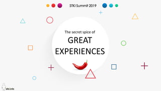 Copyright@STKI_2019 Do not remove source or attribution from any slide or graph 1
The secret spice of
GREAT
EXPERIENCES
STKI Summit 2019
 
