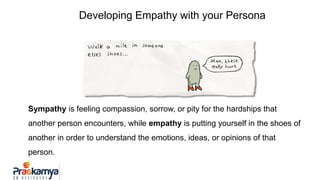 Sympathy is feeling compassion, sorrow, or pity for the hardships that
another person encounters, while empathy is putting yourself in the shoes of
another in order to understand the emotions, ideas, or opinions of that
person.
Developing Empathy with your Persona
 