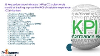 16 key performance indicators (KPIs) CX professionals
should be tracking to prove the ROI of customer experience
(CX) initiatives
1. Customer Lifetime Value (CLV)
2. Customer Acquisition Cost (CAC)
3. Up-Sell and Cross-Sell Rate
4. Conversion Rate
5. Average Order Value (AOV)
6. Average Revenue per Customer (ARPC)
7. Net Promoter Score (NPS)
8. Customer Churn Rate
9. Customer Retention Rate
10. Customer Effort Score (CES)
11. Customer Satisfaction (CSAT)
12. Net Emotion Score (NES)
13. Problem Resolution Time (PRT)
14. First Response Time (FRT)
15. Cost per Interaction / Activity
16. First Contact Resolution (FCR)
Twitter @Pran_v
 