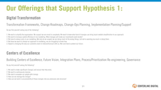 Digital Transformation
Transformation Frameworks, Change Roadmaps, Change-Ops Planning, Implementation Planning/Support
Do you ﬁnd yourself asking any of the following?
1. We want to simplify the organization. We suspect we are mired in complexity. We want to know what kind of changes can bring much needed simpliﬁcation to our approach.
2. We want to increase capital efﬁciency in our marketing. What changes will make our investments work harder?
3. We have to reduce costs in our marketing. Not only do we suspect we are doing much of the wrong things, but we're spending too much in doing them.
4. We know we want to change our approach to marketing, we are struggling to know how.
5. Digital is changing the way our customers want to interact/transact with us. Not sure how to protect our future.
Centers of Excellence
Building Centers of Excellence, Future Vision, Integration Plans, Process/Prioritization Re-engineering, Governance
Do you ﬁnd yourself asking the following?
1. We need to make signiﬁcant changes and ensure that they stick.
2. We want to continuously improve
3. We need to empower our people with change
4. How can we manage the change?
5. How can we build in accountability of these changes into our processes and structure?
Our Offerings that Support Hypothesis 1:
21!
 