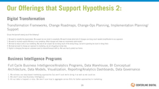 Our Offerings that Support Hypothesis 2:
Business Intelligence Programs
Full Cycle Business Intelligence/Analytics Programs, Data Warehouse, BI Conceptual
Architecture, Data Models, Visualization, Reporting/Analytics Dashboards, Data Governance
1. We actively use data-based marketing approaches but aren't sure we're doing it as well as we could be.
2. We aren't sure how Business Intelligence.
3. All our data is trapped in silos. We aren't sure how to aggregate across BUs for better approaches to marketing.
Digital Transformation
Transformation Frameworks, Change Roadmaps, Change-Ops Planning, Implementation Planning/
Support
Do you ﬁnd yourself asking any of the following?
1. We want to simplify the organization. We suspect we are mired in complexity. We want to know what kind of changes can bring much needed simpliﬁcation to our approach.
2. We want to increase capital efﬁciency in our marketing. What changes will make our investments work harder?
3. We have to reduce costs in our marketing. Not only do we suspect we are doing much of the wrong things, but we're spending too much in doing them.
4. We know we want to change our approach to marketing, we are struggling to know how.
5. Digital is changing the way our customers want to interact/transact with us. Not sure how to protect our future.
29!
 