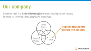 Our company
Centerline itself is a Modern Marketing Laboratory, creating custom success
formulas for the world’s most progressive enterprises.
The people speaking here
today are from this team.!
3!
 