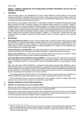 CXG 2-1985 9
ANNEX 1: GENERAL PRINCIPLES FOR ESTABLISHING NUTRIENT REFERENCE VALUES FOR THE
GENERAL POPULATION
1. PREAMBLE
These Principles apply to the establishment of Codex Nutrient Reference Values (NRVs) for the general
population identified as individuals older than 36 months. These values may be used for helping consumers
1) estimate the relative contribution of individual products to overall healthful dietary intake, and 2) as one way
to compare the nutrient content between products.
Governments are encouraged to use the NRVs, or alternatively, consider the suitability of the general principles
below including the level of evidence required, and additional factors specific to a country or region in
establishing their own reference values for labelling purposes. For example, at the national level, population-
weighted values for the general population may be established by weighting science-based reference values
for daily intakes for age-sex groups using census data for a country and proportions of each age-sex group.
In addition, governments may establish reference values for food labelling that take into account country or
region specific factors that affect nutrient absorption, utilization, or requirements. Governments may also
consider whether to establish separate food label reference values for specific segments of the general
population.
2. DEFINITIONS
Daily Intake Reference Values as used in these Principles refer to reference nutrient intake values provided
by FAO/WHO or recognized authoritative scientific bodies that may be considered in establishing an NRV
based on the principles and criteria in Section 3. These values may be expressed in different ways (e.g. as a
single value or a range), and are applicable to the general population or to a segment of the population (e.g.
recommendations for a specified age range).
Individual Nutrient Level 98 (INL98)12 is the daily intake reference value that is estimated to meet the nutrient
requirement of 98 percent of the apparently healthy individuals in a specific life stage and sex group.
Upper Level of Intake (UL)13 is the maximum level of habitual intake from all sources of a nutrient or related
substance judged to be unlikely to lead to adverse health effects in humans.
Acceptable Macronutrient Distribution Range (AMDR) is a range of intakes for a particular energy source
that is associated with reduced risk of diet-related non-communicable diseases while providing adequate
intakes of essential nutrients. For macronutrients, they are generally expressed as a percentage of energy
intake.
Other than FAO and/or WHO (FAO/WHO), a Recognized Authoritative Scientific Body (RASB) as used in
these Principles refers to an organization supported by a competent national and/or regional authority(ies) that
provides independent, transparent*, scientific and authoritative advice on daily intake reference values through
primary evaluation** of the scientific evidence upon request and for which such advice is recognized through
its use in the development of policies in one or more countries.
* In providing transparent scientific advice, the Committee would have access to what was considered by a
RASB in establishing a daily intake reference value in order to understand the derivation of the value.
** Primary evaluation involves a review and interpretation of the scientific evidence to develop daily intake
reference values, rather than the adoption of advice from another RASB.
3. GENERAL PRINCIPLES FOR ESTABLISHING NRVs
3.1 Selection of suitable data sources to establish NRVs
Relevant daily intake reference values provided by FAO/WHO that are based on a recent review of the science
should be taken into consideration as primary sources in establishing NRVs.
Relevant daily intake reference values that reflect recent independent review of the science, from recognized
authoritative scientific bodies could also be taken into consideration. Higher priority should be given to values
in which the evidence has been evaluated through a systematic review.
The daily intake reference values should reflect intake recommendations for the general population.
12
Different countries may use other terms for this concept, for example, Recommended Dietary Allowance (RDA),
Recommended Daily Allowance (RDA), Reference Nutrient Intake (RNI), or Population Reference Intake (PRI).
13
Different countries may use other terms for this concept, for example, Tolerable Upper Nutrient Intake Level (UL) or
upper end of safe intake range.
 