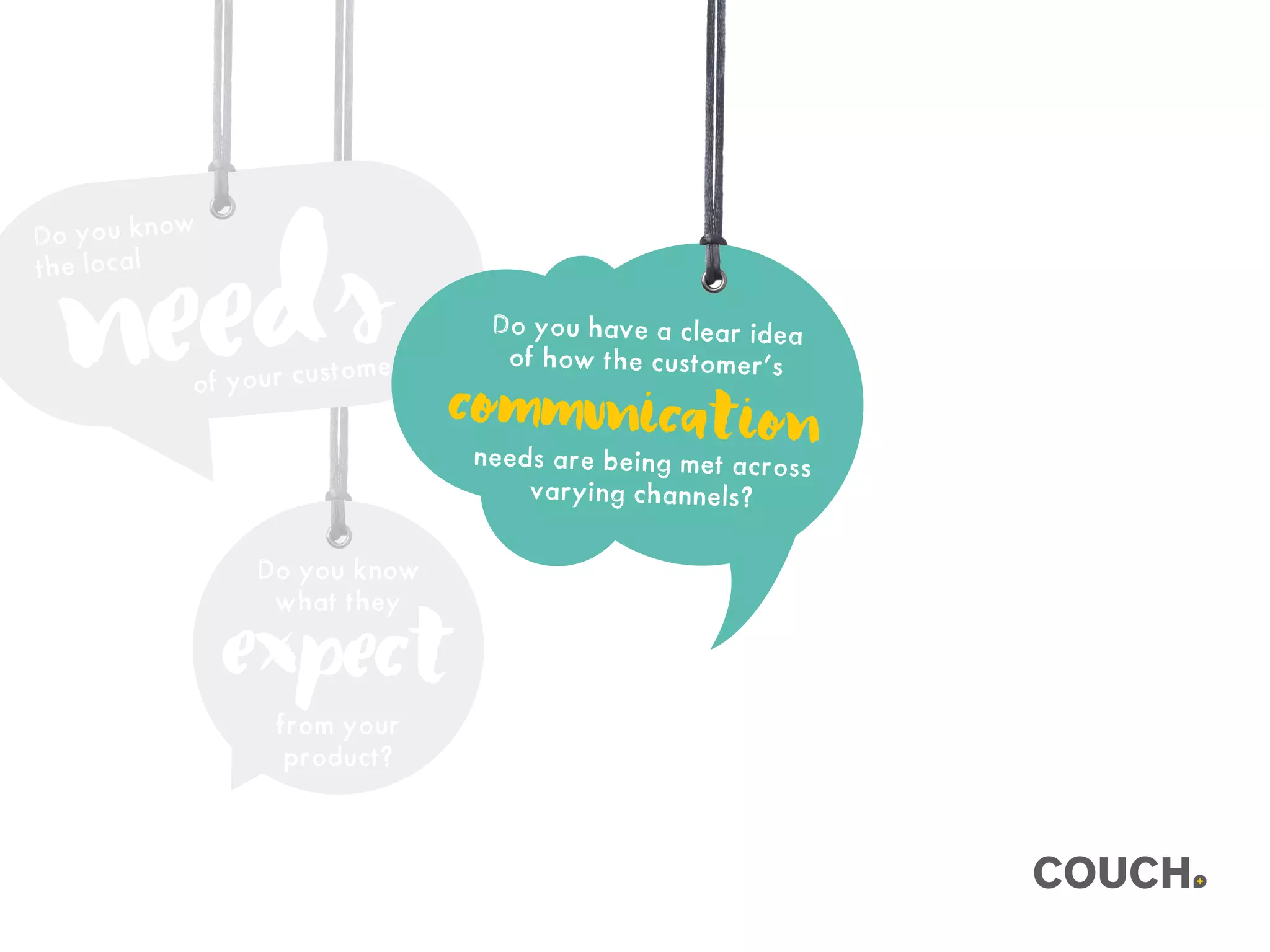 Do you know
what they
from your
product?
expect
Do you know
the local
needsof your customer?
Do you have a clear idea
of how the customer’s
needs are being met across
varying channels?
communication
 