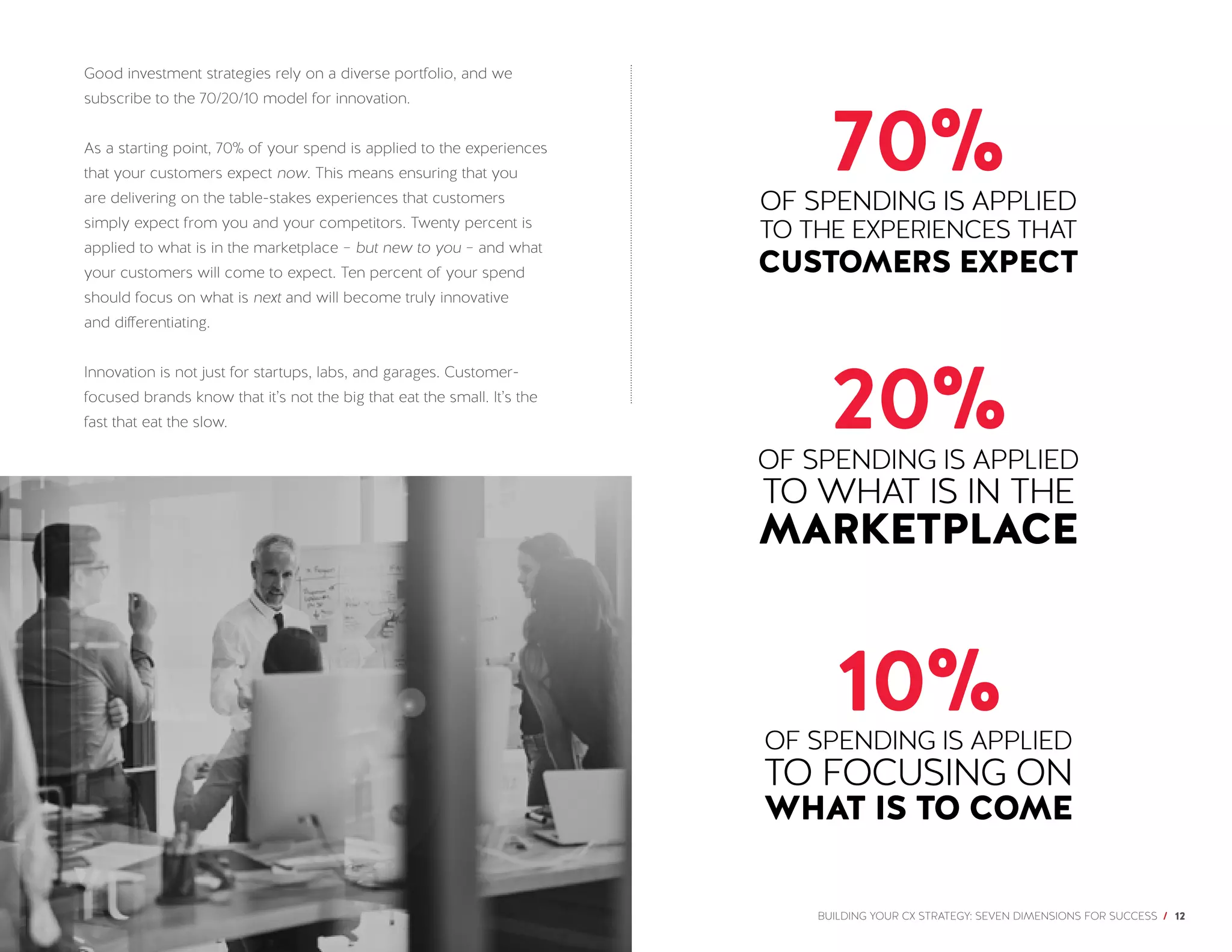 BUILDING YOUR CX STRATEGY: SEVEN DIMENSIONS FOR SUCCESS / 12
Good investment strategies rely on a diverse portfolio, and we
subscribe to the 70/20/10 model for innovation.
As a starting point, 70% of your spend is applied to the experiences
that your customers expect now. This means ensuring that you
are delivering on the table-stakes experiences that customers
simply expect from you and your competitors. Twenty percent is
applied to what is in the marketplace – but new to you – and what
your customers will come to expect. Ten percent of your spend
should focus on what is next and will become truly innovative
and differentiating.
Innovation is not just for startups, labs, and garages. Customer-
focused brands know that it’s not the big that eat the small. It’s the
fast that eat the slow.
70%
20%
10%
OF SPENDING IS APPLIED
TO THE EXPERIENCES THAT
CUSTOMERS EXPECT
OF SPENDING IS APPLIED
TO WHAT IS IN THE
MARKETPLACE
OF SPENDING IS APPLIED
TO FOCUSING ON
WHAT IS TO COME
 