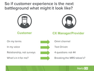 So if customer experience is the next
battleground what might it look like?
Customer CX  Manager/Provider
On my terms
In my voice
Relationship, not surveys
What’s in it for me?
Omni channel
Text Driven
4 questions not 44
Breaking the MRS taboo’s?
 