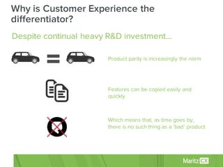 Despite continual heavy R&D investment…
Product parity is increasingly the norm
Features can be copied easily and
quickly
Which means that, as time goes by,
there is no such thing as a ‘bad’ product
Why is Customer Experience the
differentiator?
 