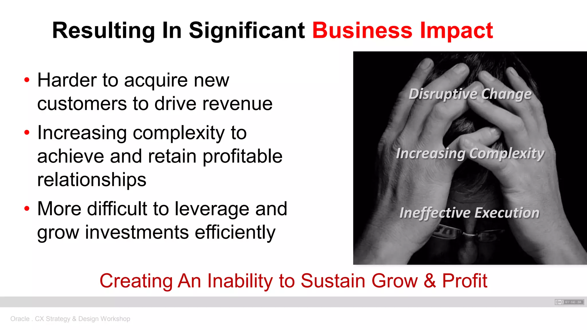 Oracle . CX Strategy & Design Workshop
Resulting In Significant Business Impact
• Harder to acquire new
customers to drive revenue
• Increasing complexity to
achieve and retain profitable
relationships
• More difficult to leverage and
grow investments efficiently
Creating An Inability to Sustain Grow & Profit
Disruptive Change
Increasing Complexity
Ineffective Execution
 