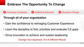 Oracle . CX Strategy & Design Workshop
Embrace The Opportunity To Change
Through all of your organization
• Gain the confidence to reimaging Customer Experience
• Learn the discipline to find, prioritize and evaluate CX gaps
• Drive innovation to achieve and sustain leadership
Change Your Approach, For A Different Result
Increasing Complexity Ineffective Execution Disruptive Change
 