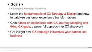 Oracle . CX Strategy & Design Workshop
{ Goals }
• Learn the fundamentals of CX Strategy & Design and how
to catalyze customer experience transformations
• Gain hands-on experience with CX Journey Mapping and
fixing CX gaps, a powerful approach for CX discovery
• Get insight how CX redesign influences your bottom line
business
CX Strategy & Redesign Workshops
 