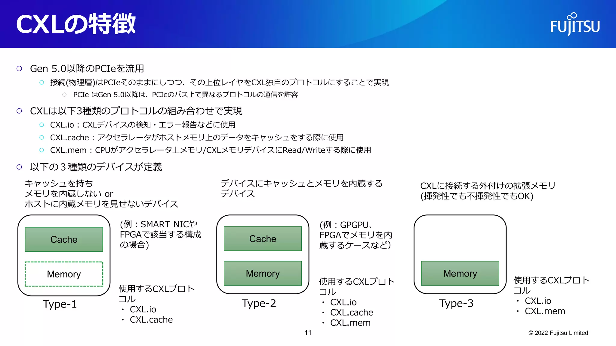 CXLの特徴
○ Gen 5.0以降のPCIeを流用
○ 接続(物理層)はPCIeそのままにしつつ、その上位レイヤをCXL独自のプロトコルにすることで実現
○ PCIe はGen 5.0以降は、PCIeのバス上で異なるプロトコルの通信を許容
○ CXLは以下3種類のプロトコルの組み合わせで実現
○ CXL.io : CXLデバイスの検知・エラー報告などに使用
○ CXL.cache : アクセラレータがホストメモリ上のデータをキャッシュをする際に使用
○ CXL.mem : CPUがアクセラレータ上メモリ/CXLメモリデバイスにRead/Writeする際に使用
○ 以下の３種類のデバイスが定義
© 2022 Fujitsu Limited
Cache
Memory
Type-2
Memory
Type-3
Cache
Memory
Type-1
(例：GPGPU、
FPGAでメモリを内
蔵するケースなど）
CXLに接続する外付けの拡張メモリ
(揮発性でも不揮発性でもOK)
(例：SMART NICや
FPGAで該当する構成
の場合)
使用するCXLプロト
コル
・ CXL.io
・ CXL.cache
使用するCXLプロト
コル
・ CXL.io
・ CXL.cache
・ CXL.mem
使用するCXLプロト
コル
・ CXL.io
・ CXL.mem
キャッシュを持ち
メモリを内蔵しない or
ホストに内蔵メモリを見せないデバイス
デバイスにキャッシュとメモリを内蔵する
デバイス
11
 