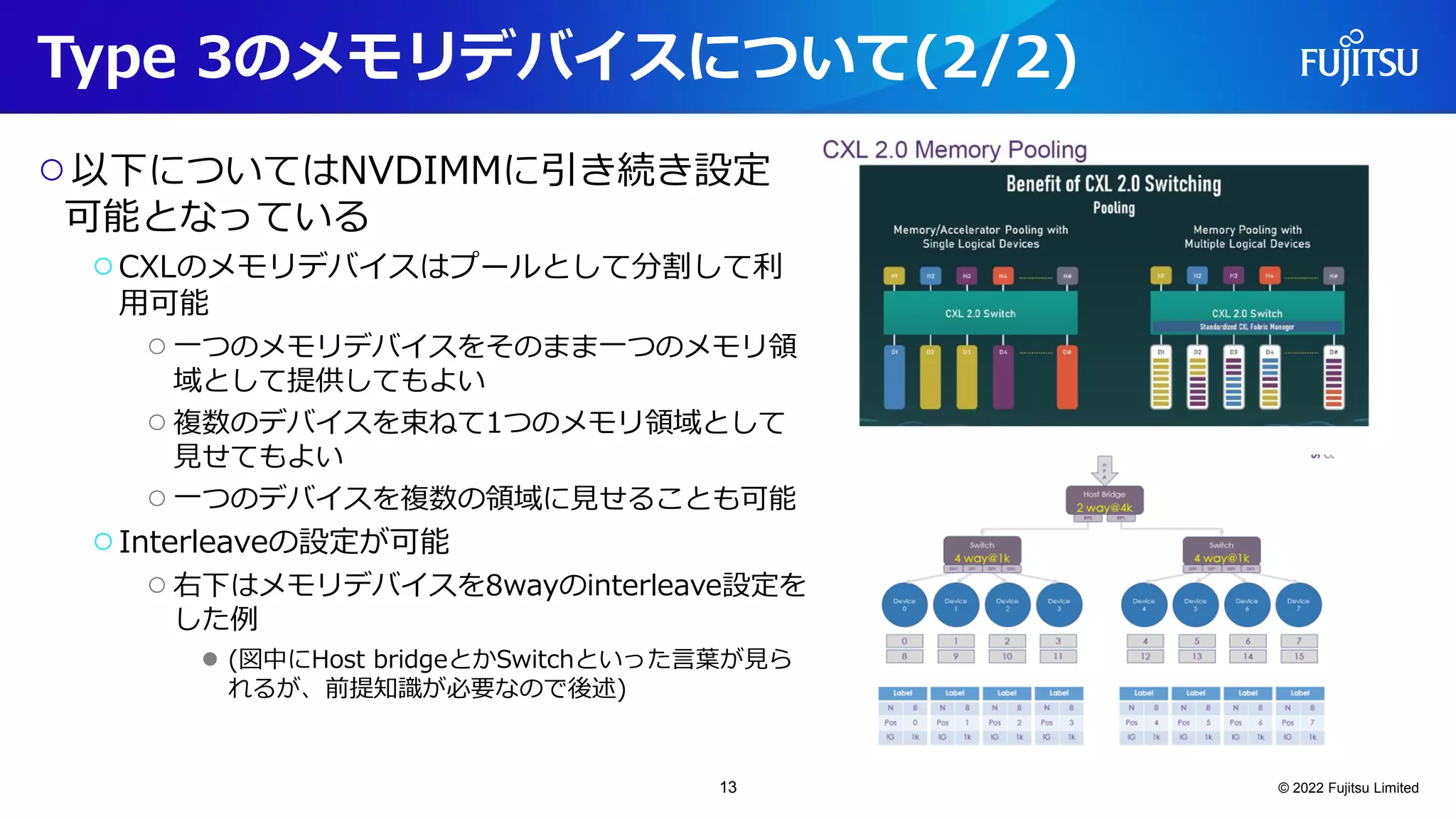 Type 3のメモリデバイスについて(2/2)
○以下についてはNVDIMMに引き続き設定
可能となっている
○CXLのメモリデバイスはプールとして分割して利
用可能
○一つのメモリデバイスをそのまま一つのメモリ領
域として提供してもよい
○複数のデバイスを束ねて1つのメモリ領域として
見せてもよい
○一つのデバイスを複数の領域に見せることも可能
○Interleaveの設定が可能
○右下はメモリデバイスを8wayのinterleave設定を
した例
● (図中にHost bridgeとかSwitchといった言葉が見ら
れるが、前提知識が必要なので後述)
© 2022 Fujitsu Limited
13
 