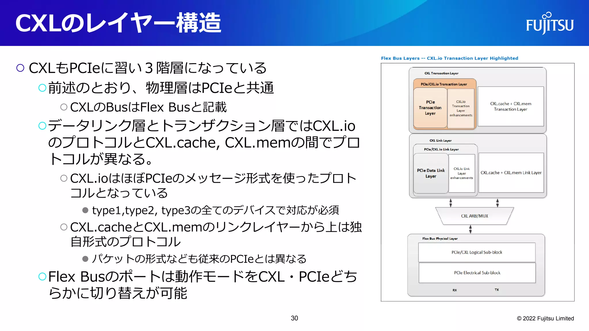 CXLのレイヤー構造
○ CXLもPCIeに習い３階層になっている
○前述のとおり、物理層はPCIeと共通
○CXLのBusはFlex Busと記載
○データリンク層とトランザクション層ではCXL.io
のプロトコルとCXL.cache, CXL.memの間でプロ
トコルが異なる。
○CXL.ioはほぼPCIeのメッセージ形式を使ったプロト
コルとなっている
● type1,type2, type3の全てのデバイスで対応が必須
○CXL.cacheとCXL.memのリンクレイヤーから上は独
自形式のプロトコル
● パケットの形式なども従来のPCIeとは異なる
○Flex Busのポートは動作モードをCXL・PCIeどち
らかに切り替えが可能
© 2022 Fujitsu Limited
30
 