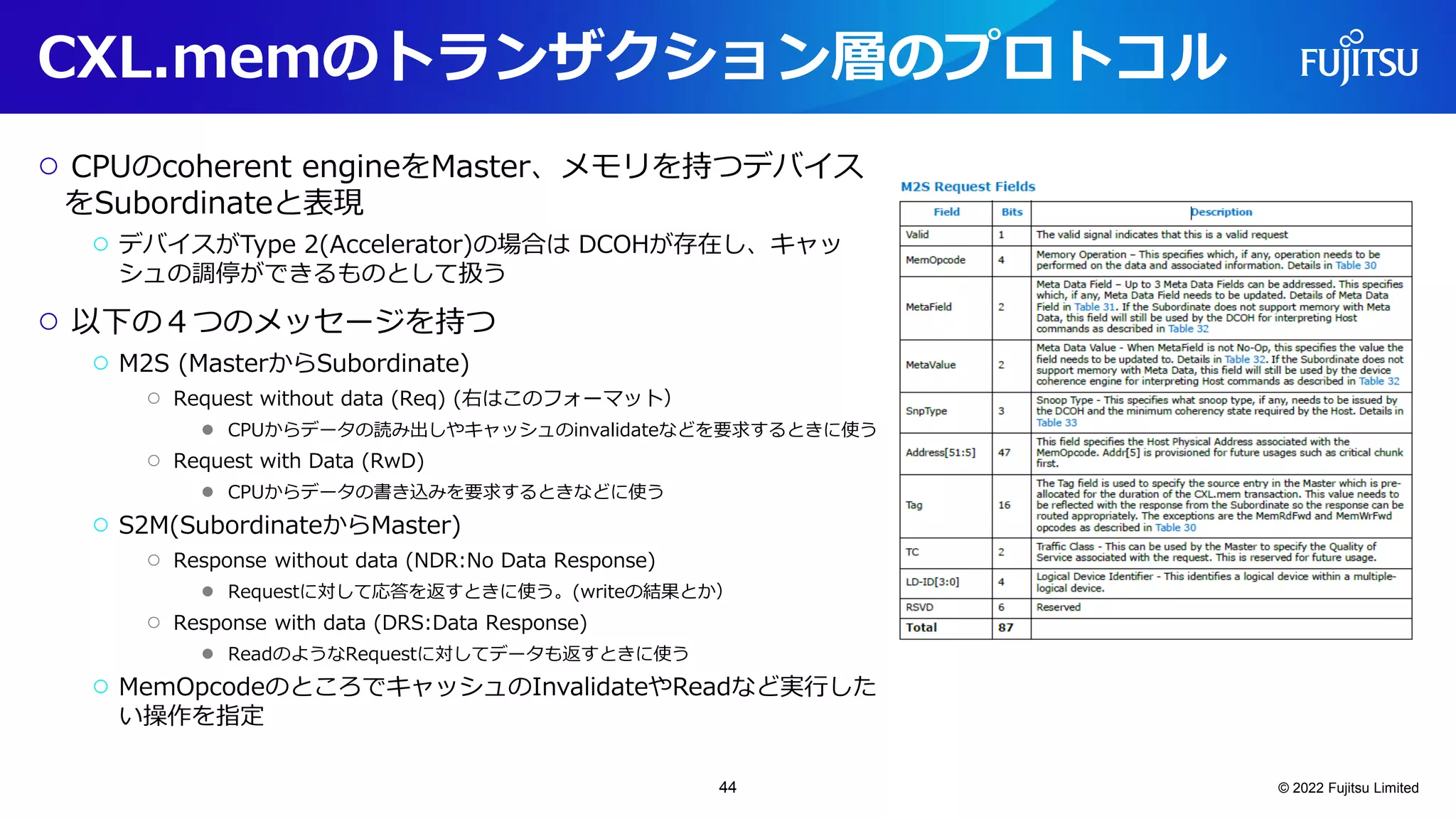 CXL.memのトランザクション層のプロトコル
○ CPUのcoherent engineをMaster、メモリを持つデバイス
をSubordinateと表現
○ デバイスがType 2(Accelerator)の場合は DCOHが存在し、キャッ
シュの調停ができるものとして扱う
○ 以下の４つのメッセージを持つ
○ M2S (MasterからSubordinate)
○ Request without data (Req) (右はこのフォーマット）
● CPUからデータの読み出しやキャッシュのinvalidateなどを要求するときに使う
○ Request with Data (RwD)
● CPUからデータの書き込みを要求するときなどに使う
○ S2M(SubordinateからMaster)
○ Response without data (NDR:No Data Response)
● Requestに対して応答を返すときに使う。(writeの結果とか）
○ Response with data (DRS:Data Response)
● ReadのようなRequestに対してデータも返すときに使う
○ MemOpcodeのところでキャッシュのInvalidateやReadなど実行した
い操作を指定
© 2022 Fujitsu Limited
44
 