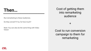 Then…
Run remarketing to these Audiences.
Do they convert? If so, for how much?
Note: You can also do the same thing with Video
Views!
Cost of getting them
into remarketing
audience
+
Cost to run conversion
campaign to them for
remarketing
 