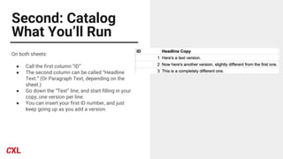 Second: Catalog
What You’ll Run
On both sheets:
● Call the first column “ID”
● The second column can be called “Headline
Text.” (Or Paragraph Text, depending on the
sheet.)
● Go down the “Text” line, and start filling in your
copy, one version per line.
● You can insert your first ID number, and just
keep going up as you add a version.
 