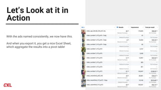 Let’s Look at it in
Action
With the ads named consistently, we now have this.
And when you export it, you get a nice Excel Sheet,
which aggregate the results into a pivot table!
 