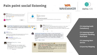 Pain point social listening
CX Listening Audit
Consultancy
CX Listening based
Complaint Handling
Rule Book
CX Listening Alert
service
CX Journey Mapping
 