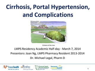 1
Cirrhosis, Portal Hypertension,
and Complications
LMPS Residency Academic Half-day - March 7, 2014
Presenters: Joan Ng, LMPS Pharmacy Resident 2013-2014
Dr. Michael Legal, Pharm D
 