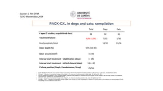PACK-CXL in dogs and cats: compilation
• Spiess BM, Pot SA, Florin M, et al. Corneal collagen cross-linking (CXL) for the treatment of melting keratitis in cats and dogs: a pilot study. Vet Ophthalmol. 2013.
• Famose F. Evaluation of accelerated collagen cross-linking for the treatment of melting keratitis in eight dogs. Vet Ophthalmol. 2013.
• Pot SA, Gallhofer NS, Matheis FL, et al. Corneal collagen cross-linking as treatment for infectious and noninfectious corneal melting in cats and dogs: results of a prospective,
nonrandomized, controlled trial. Vet Ophthalmol. 2013.
• Famose F. Evaluation of accelerated collagen cross-linking for the treatment of melting keratitis in ten cats. Vet Ophthalmol. 2013.
• Famose F, Roy P. Evaluation of accelerated corneal collagen cross-linking (CXL) after impregnation of riboflavin by iontophoresis for the treatment of melting keratitis in 6 cats,
Proceedings ECVO conference London 2014.
Total Dogs Cats
# eyes (5 studies, unpublished data) 68 32 36
Treatment failure 8/68 (12%) 7/32 1/36
Brachycephalic/total 18/32 13/36
Ulcer depth (%) 50% (15-80)
Ulcer area in (mm2) 5-240
Interval start treatment – stabilization (days) (< 14)
Interval start treatment – defect closure (days) 14<->30
Culture positive (Staph, Pseudomonas, Strep) 26/66
Source: S. Pot DVM
ECVO Masterclass 2014
 