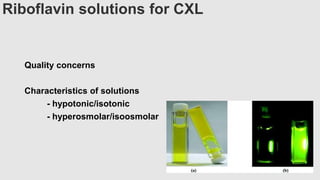 Riboflavin solutions for CXL
Quality concerns
Characteristics of solutions
- hypotonic/isotonic
- hyperosmolar/isoosmolar
 