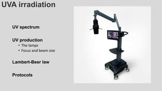 UVA irradiation
UV spectrum
UV production
• The lamps
• Focus and beam size
Lambert-Beer law
Protocols
 