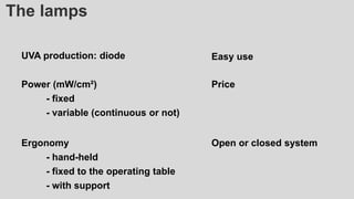 The lamps
UVA production: diode Easy use
Ergonomy
- hand-held
- fixed to the operating table
- with support
Power (mW/cm²)
- fixed
- variable (continuous or not)
Price
Open or closed system
 