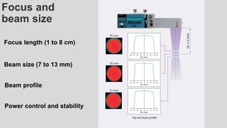 Focus and
beam size
Focus length (1 to 8 cm)
Beam size (7 to 13 mm)
Beam profile
Power control and stability
 