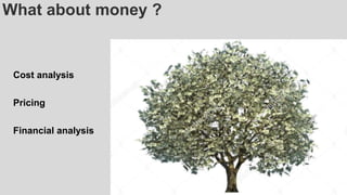 What about money ?
Cost analysis
Pricing
Financial analysis
 