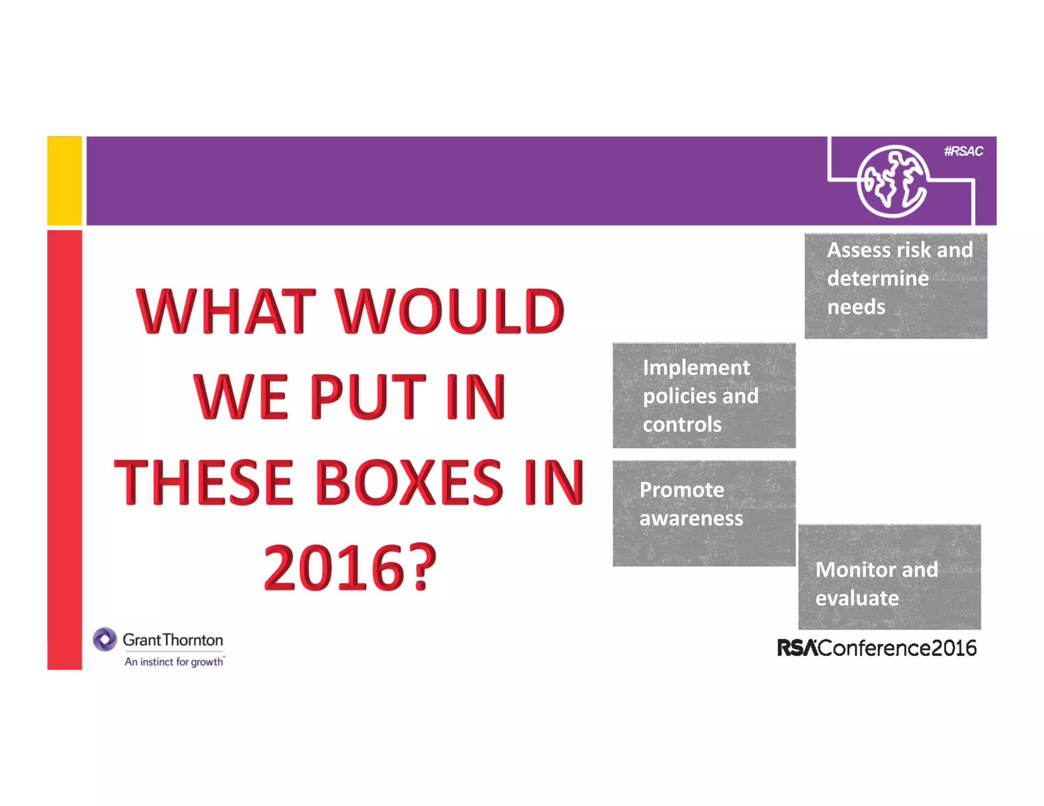 #RSAC
Assess risk and 
determine 
needs
Monitor and 
evaluate
Implement 
policies and 
controls
Promote 
awareness
 