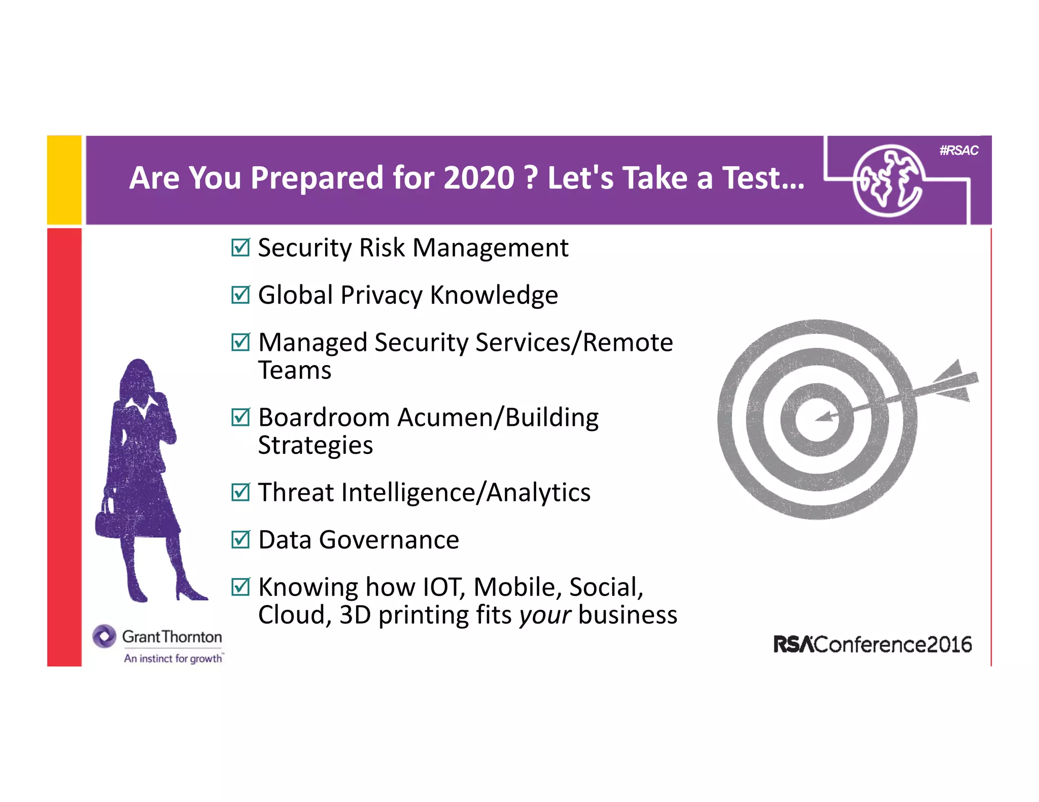#RSAC
Are You Prepared for 2020 ? Let's Take a Test…
 Security Risk Management
 Global Privacy Knowledge 
 Managed Security Services/Remote 
Teams
 Boardroom Acumen/Building 
Strategies
 Threat Intelligence/Analytics
 Data Governance
 Knowing how IOT, Mobile, Social, 
Cloud, 3D printing fits your business
 