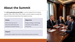 About the Summit
The CXO Leadership Summit 2026 is a premier global forum bringing
together CEOs, CIOs, CTOs, CFOs, CHROs, and GCC leaders to shape the
future of enterprise leadership in the digital economy.
Vision
Define the next era of
executive leadership and
enterprise transformation
Objective
Bridge strategy, technology,
and talent across global
enterprises
Impact
Actionable insights that drive measurable business outcomes
 