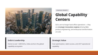 STRATEGIC PRIORITY
Global Capability
Centers
GCCs are no longer back-office operations — they
are strategic innovation engines driving R&D,
product engineering, and enterprise transformation
at scale.
India's Leadership
Home to over 1,600 GCCs, India anchors the global
capability ecosystem
Strategic Value
Cost optimization, talent access, and 24/7 operational
capability
 