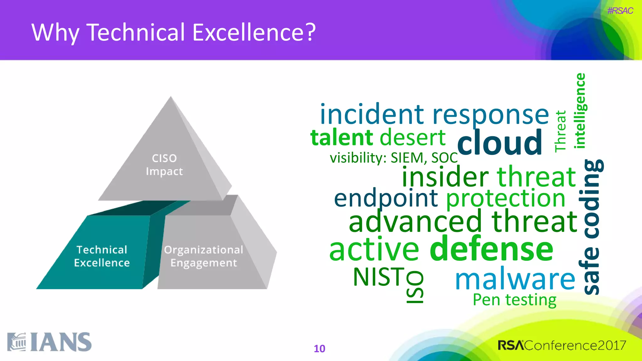 #RSAC
Why Technical Excellence?
cloud
NIST
ISO
visibility: SIEM, SOC
incident response
insider threat
advanced threat
Pen testing
active defense
safecoding
endpoint protection
Threat
intelligence
talent desert
malware
10
 
