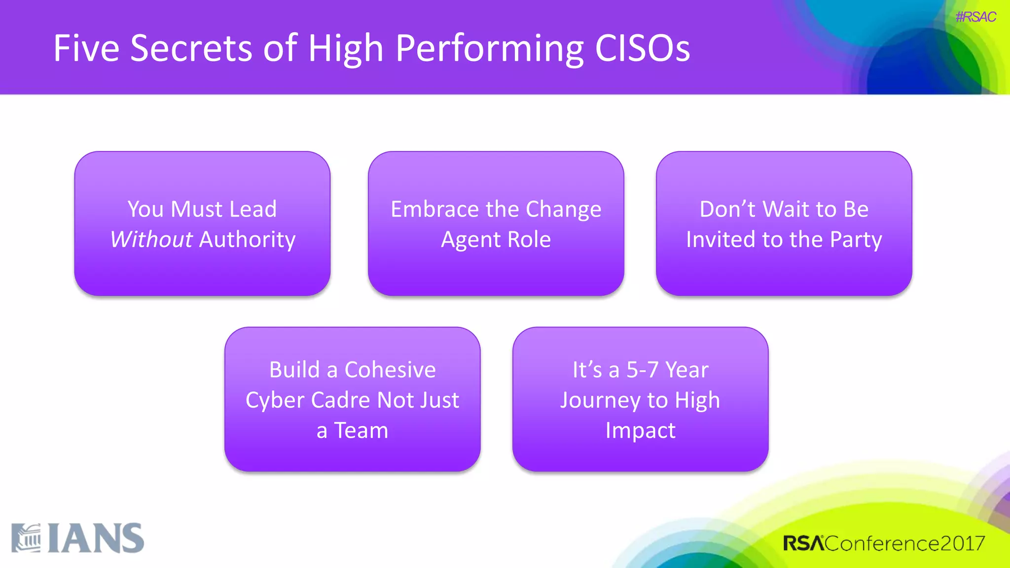 #RSAC
Five Secrets of High Performing CISOs
You Must Lead
Without Authority
Embrace the Change
Agent Role
Don’t Wait to Be
Invited to the Party
Build a Cohesive
Cyber Cadre Not Just
a Team
It’s a 5-7 Year
Journey to High
Impact
 