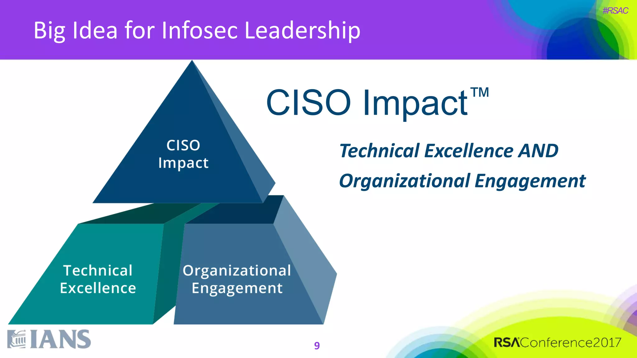 #RSAC
Technical Excellence AND
Organizational Engagement
CISO Impact™
9
Big Idea for Infosec Leadership
 