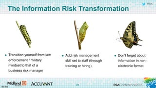 #RSAC
The Information Risk Transformation
 Transition yourself from law
enforcement / military
mindset to that of a
business risk manager
 Add risk management
skill set to staff (through
training or hiring)
 Don’t forget about
information in non-
electronic format
BS-BS
21
 