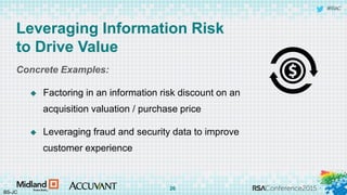 #RSAC
Leveraging Information Risk
to Drive Value
Concrete Examples:
 Factoring in an information risk discount on an
acquisition valuation / purchase price
 Leveraging fraud and security data to improve
customer experience
BS-JC
26
 
