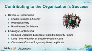 #RSAC
 Revenue Contribution
 Enable Business Efficiency
 Product Delivery
 Brand Name Confidence
 Earnings Contribution
 Reduced Operating Expenses Related to Security Failure
 Long Term Reduction of Security Program Costs
 Circumvent Costs of Regulatory Non-compliance
27
Contributing to the Organization’s Success
JC-JC
 