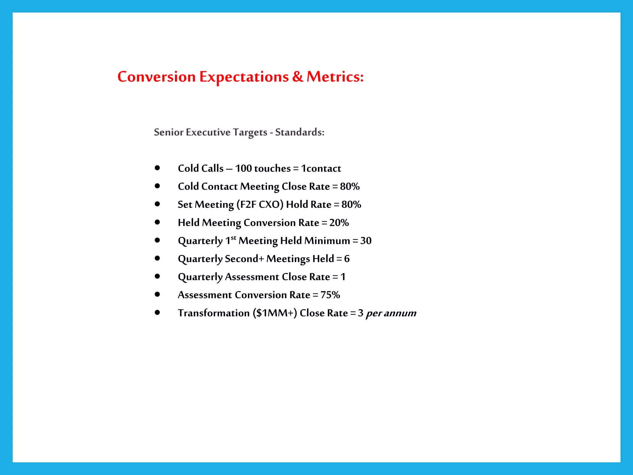 ConversionExpectations & Metrics:
Senior Executive Targets - Standards:
 ColdCalls– 100 touches =1contact
 ColdContact Meeting Close Rate =80%
 SetMeeting (F2F CXO) HoldRate =80%
 HeldMeeting Conversion Rate =20%
 Quarterly 1st Meeting HeldMinimum =30
 Quarterly Second+Meetings Held=6
 Quarterly Assessment Close Rate =1
 Assessment Conversion Rate =75%
 Transformation ($1MM+) Close Rate=3 perannum
 